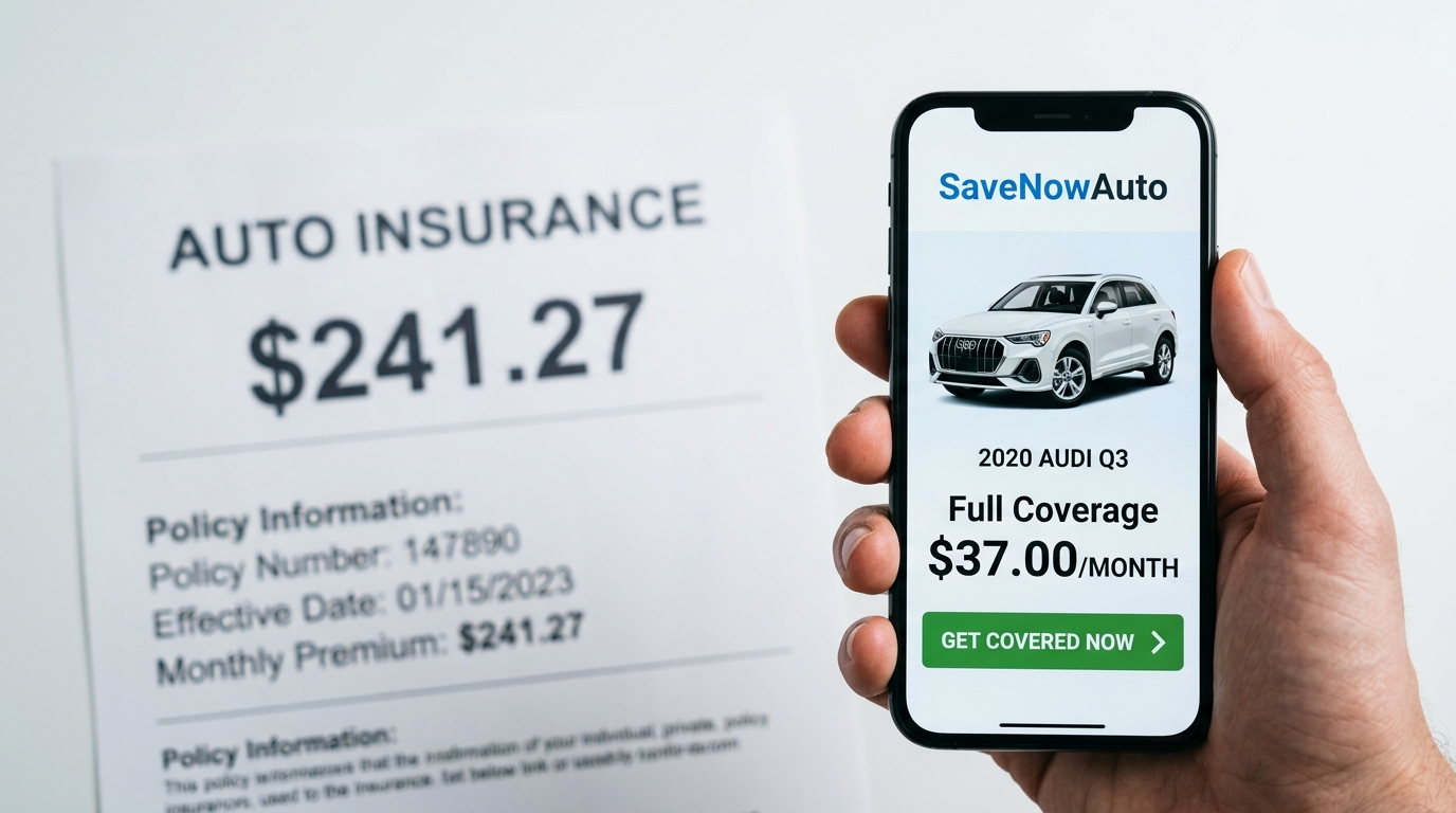 Auto insurance document showing $241.27 alongside a phone displaying full coverage at $37.00 per month